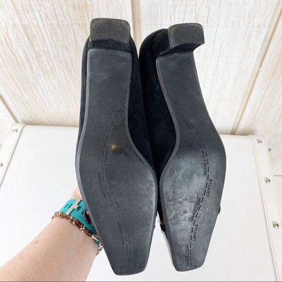 Stuart Weitzman Black Suede Low Heels Tortoise Patent Toe Cap 8 Narrow - Picture 9 of 13